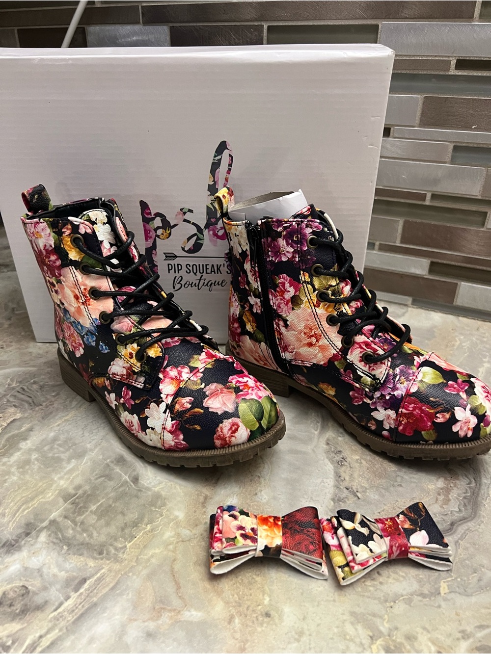 Floral Combat Boots - Black Floral